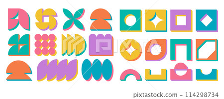 Geometric bold cartoon element set, basic decorative swiss aesthetic icon collection, trendy brutalism silhouette form in vintage illustration 80s style, modern retro brutalist figure design bundle Geometric bold cartoon element set, basic decorative swiss aesthetic icon collection, trendy brutalism silhouette form in vintage illustration 80s style, modern retro brutalist figure design bundle 114298734