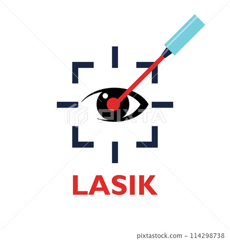 Eye laser surgery, ophthalmology lasik treatment icon, vision medical correction. Eye laser surgery line icon for cornea disease or myopia operation on retina, refractive eyesight correction. 114298738