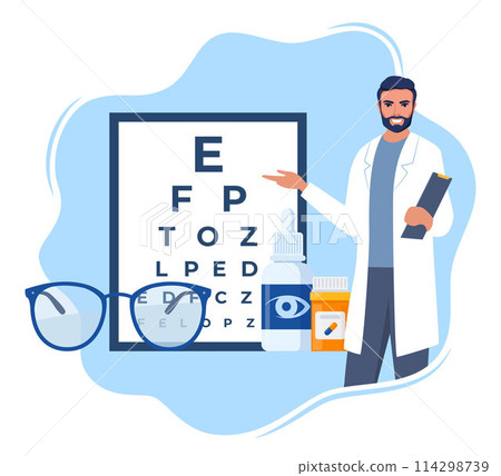 Ophthalmology icon composition. Glasses, eye drops, contact lenses, test table with letters for eye examination. Vision correction. Ophthalmology concept. 114298739