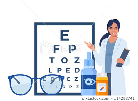 Ophthalmology icon composition. Glasses, eye drops, contact lenses, test table with letters for eye examination. Vision correction. Ophthalmology concept. Ophthalmology icon composition. Glasses, eye drops, contact lenses, test table with letters for eye examination. Vision correction. Ophthalmology concept. 114298741