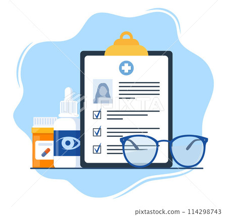 Ophthalmology icon composition. Glasses, eye drops, contact lenses, test table with letters for eye examination. Vision correction. Ophthalmology concept. Ophthalmology icon composition. Glasses, eye drops, contact lenses, test table with letters for eye examination. Vision correction. Ophthalmology concept. 114298743