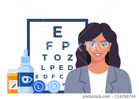Ophthalmology icon composition. Glasses, eye drops, contact lenses, test table with letters for eye examination. Vision correction. Ophthalmology concept. Ophthalmology icon composition. Glasses, eye drops, contact lenses, test table with letters for eye examination. Vision correction. Ophthalmology concept. 114298744
