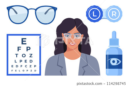 Ophthalmology icons set. Glasses, eye drops, contact lenses, test table with letters for eye examination. Vision correction. Ophthalmology concept. 114298745