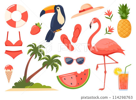 Summer icons. Flamingo, toucan, tropical palm leaves, pineapple, ice cream, cocktail, palm, watermelon, hat, swimsuit, flower. Summertime poster elements. 114298763