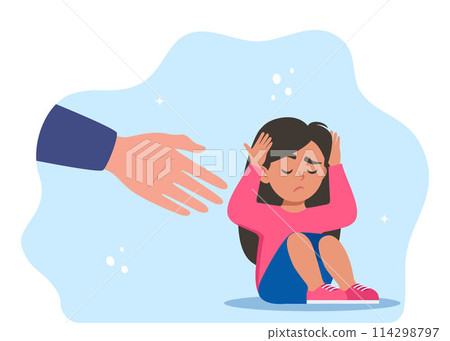 Human hand helps unhappy and sad kid in depression sitting. Mental health concept. Human hand helps unhappy and sad kid in depression sitting. Mental health concept. 114298797