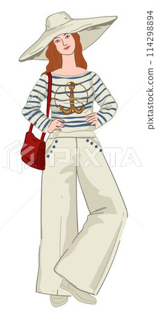 Stylish woman wearing summer nautical clothes Stylish woman wearing summer nautical clothes 114298894