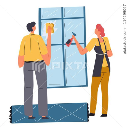 Man and woman tidying home, cleaning window glass 114299067