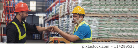 Banner Asian Teamwork Warehouse worker fist bump together. Engineer man, women hands partnership. Coworker colleague logistics Warehouse teams handshake. Team person fist bump partner with copy space 114299525