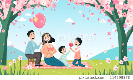 A vibrant illustration showcases a familys picnic celebration with children presenting a heart-shaped balloon to their mother under cherry blossoms. 114299578