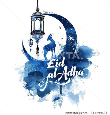 A captivating Eid al-Adha greeting card showcasing a lantern, goat silhouette, and crescent in a vivid blue watercolor style, perfect for festive occasions. 114299611