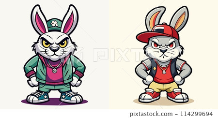 Cartoon Rabbit and Bunny in Baseball Caps Cartoon Rabbit and Bunny in Baseball Caps 114299694