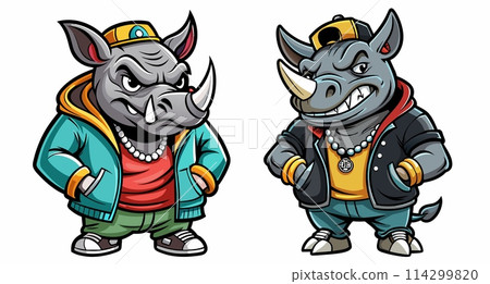 Two Cartoon Rhinos Wearing Jackets Two Cartoon Rhinos Wearing Jackets 114299820