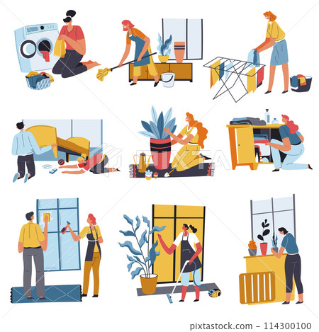 Housework done by family, chores at home vector Housework done by family, chores at home vector 114300100