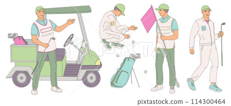 smiling golf club staff part 3 male  caddie, golf cart, caddy man with flag, golf ball, clubs, golf bag  114300464