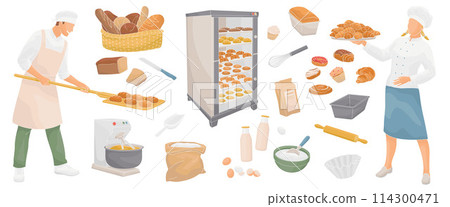 Smiling male and female baker in uniform and set elements about baking - bread, flour, electric bread oven, eggs, milk, croissant, donuts, baked goods, dough mixer, bowls Smiling male and female baker in uniform and set elements about baking - bread, flour, electric bread oven, eggs, milk, croissant, donuts, baked goods, dough mixer, bowls 114300471