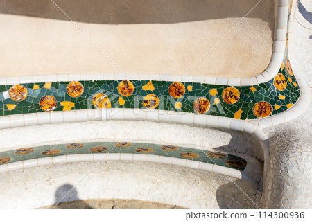 Detail of the bench in the park Guell, designed by Antonio Gaudi. Concept of travel, tourism and vacation 114300936