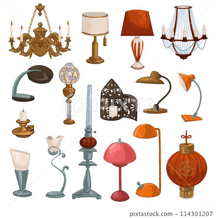 Vintage and retro lamps and lampshades, vector Vintage and retro lamps and lampshades, vector 114301207