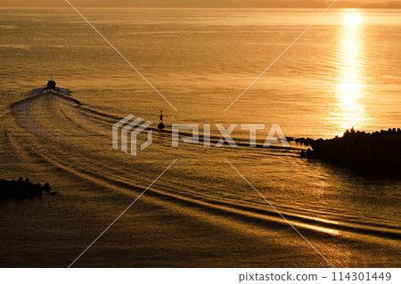 A ship's wake shining in the setting sun A ship's wake shining in the setting sun 114301449