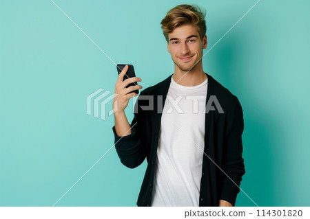 Cheerful sporty red-haired guy shows a finger on the smartphone screen on a blue background. Cheerful sporty red-haired guy shows a finger on the smartphone screen on a blue background. 114301820
