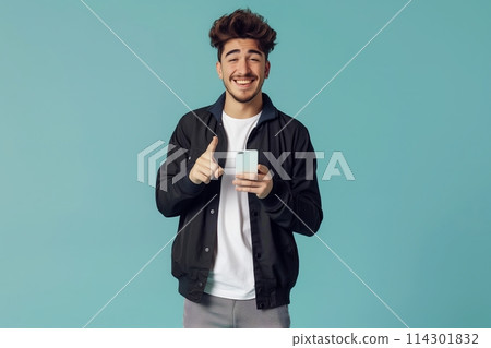 Cheerful sporty red-haired guy shows a finger on the smartphone screen on a blue background. 114301832