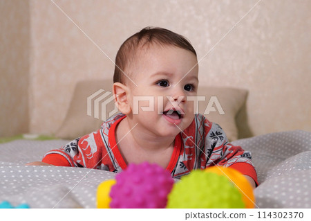 Happy newborn baby makes a funny face. Portrait of a crawling baby in his room close up 114302370