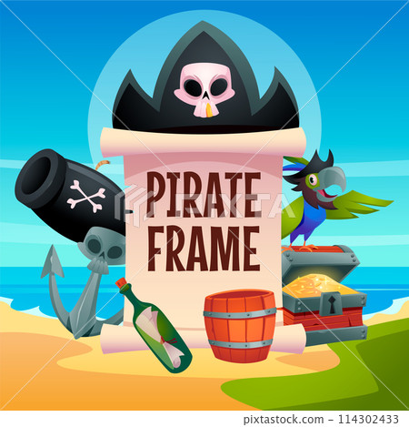 Pirate adventure frame in flat design 114302433