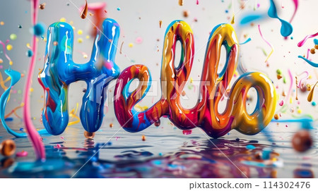 Colorful Glossy Surface Hello concept art poster. 114302476