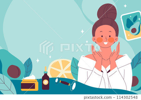 Hand drawn flat skincare background with woman using skin products 114302548