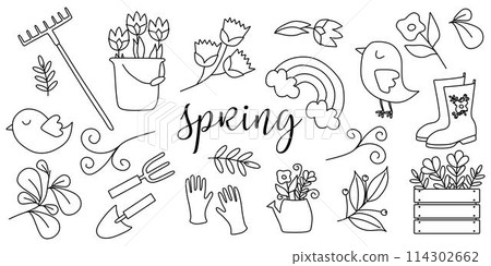 Set of Doodle Spring elements. Coloring book for kids with Flowers, Tools and Nature. Outline Vector Object for Design, Postcard, Card, Poster, Sticker pack. Decor for holiday of March 8, Easter. 114302662