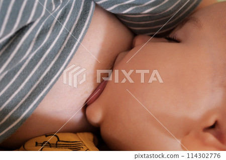Young woman breastfeeding her baby at home. Milk from mother's breast is a natural medicine to baby. Mother day bonding concept with newborn baby nursing Young woman breastfeeding her baby at home. Milk from mother's breast is a natural medicine to baby. Mother day bonding concept with newborn baby nursing 114302776