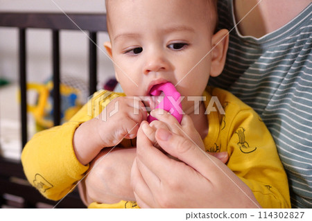 Cute adorable newborn baby playing with colorful rattle toy. baby with teether. six months old lovely baby portrait on white with teether toy 114302827