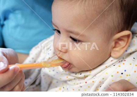 Portrait of little baby boy eating food. Baby with a spoon in feeding chair. Cute baby eating first meal 114302834
