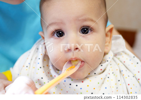 Portrait of little baby boy eating food. Baby with a spoon in feeding chair. Cute baby eating first meal 114302835