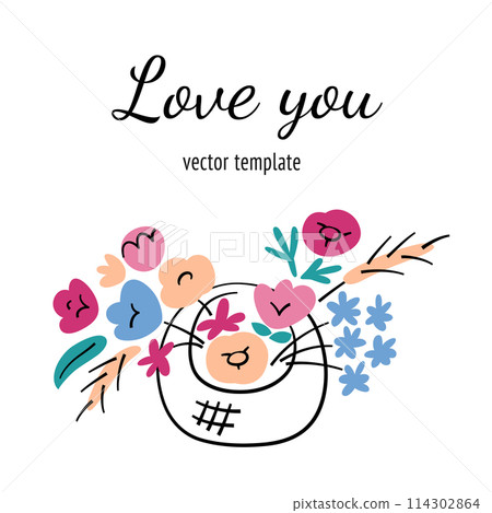 Greeting card with flowers composition, square template with copy space, vector arrangement with flower basket, roses, tulips, dried floral bouquet, greeting card, gift for womens day, mothers day Greeting card with flowers composition, square template with copy space, vector arrangement with flower basket, roses, tulips, dried floral bouquet, greeting card, gift for womens day, mothers day 114302864