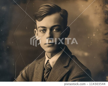Photorealistic Teen White Man with Brown Straight Hair vintage Illustration. 114303544