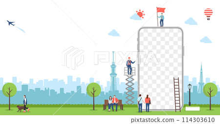 Smartphone/app motif banner illustration / Smartphone screen design space Smartphone/app motif banner illustration / Smartphone screen design space 114303610