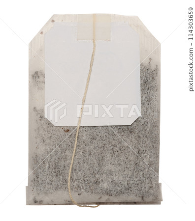 Disposable tea bag with paper label on a string 114303659