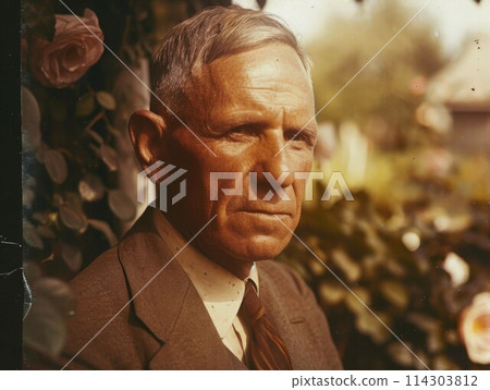 Photorealistic Old White Man with Brown Straight Hair vintage Illustration. 114303812