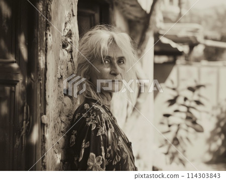 Photorealistic Old Persian Woman with Blond Straight Hair vintage Illustration. 114303843