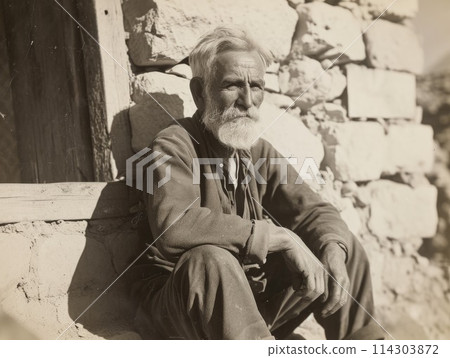 Photorealistic Old Persian Man with Blond Straight Hair vintage Illustration. 114303872