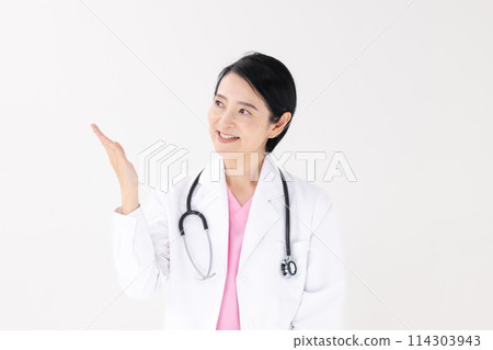Middle-aged woman, white coat, hand-waving Middle-aged woman, white coat, hand-waving 114303943