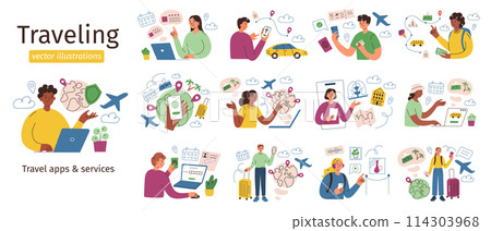 Tourists planning trip set, set of traveling compositions, characters booking flight, hotel, travelers scenes collections, vector illustrations of vacation insurance, mobile apps, services for journey 114303968