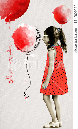 Little girl in a dress, child drawing red air balloons. Imagination, joy and dreams. Contemporary art collage. Little girl in a dress, child drawing red air balloons. Imagination, joy and dreams. Contemporary art collage. 114304061