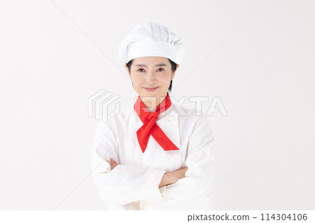 Middle-aged woman, chef uniform, portrait Middle-aged woman, chef uniform, portrait 114304106