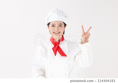 Middle-aged woman, chef uniform, piece Middle-aged woman, chef uniform, piece 114304183