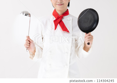 Middle-aged woman, chef's uniform, cooking utensils, no face 114304245
