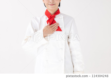 Middle-aged woman, chef uniform, portrait, no face 114304248