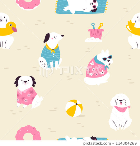 Colorful seamless pattern with funny dogs in summer costumes having fun at the beach Colorful seamless pattern with funny dogs in summer costumes having fun at the beach 114304269