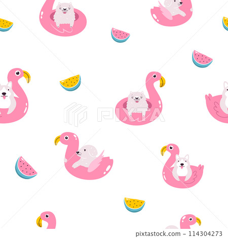 Colorful seamless pattern with funny dogs swimming with inflatable ring Colorful seamless pattern with funny dogs swimming with inflatable ring 114304273