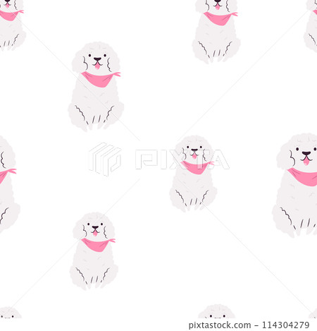Funny seamless pattern with cool fluffy dogs with pink kerchiefs. 114304279